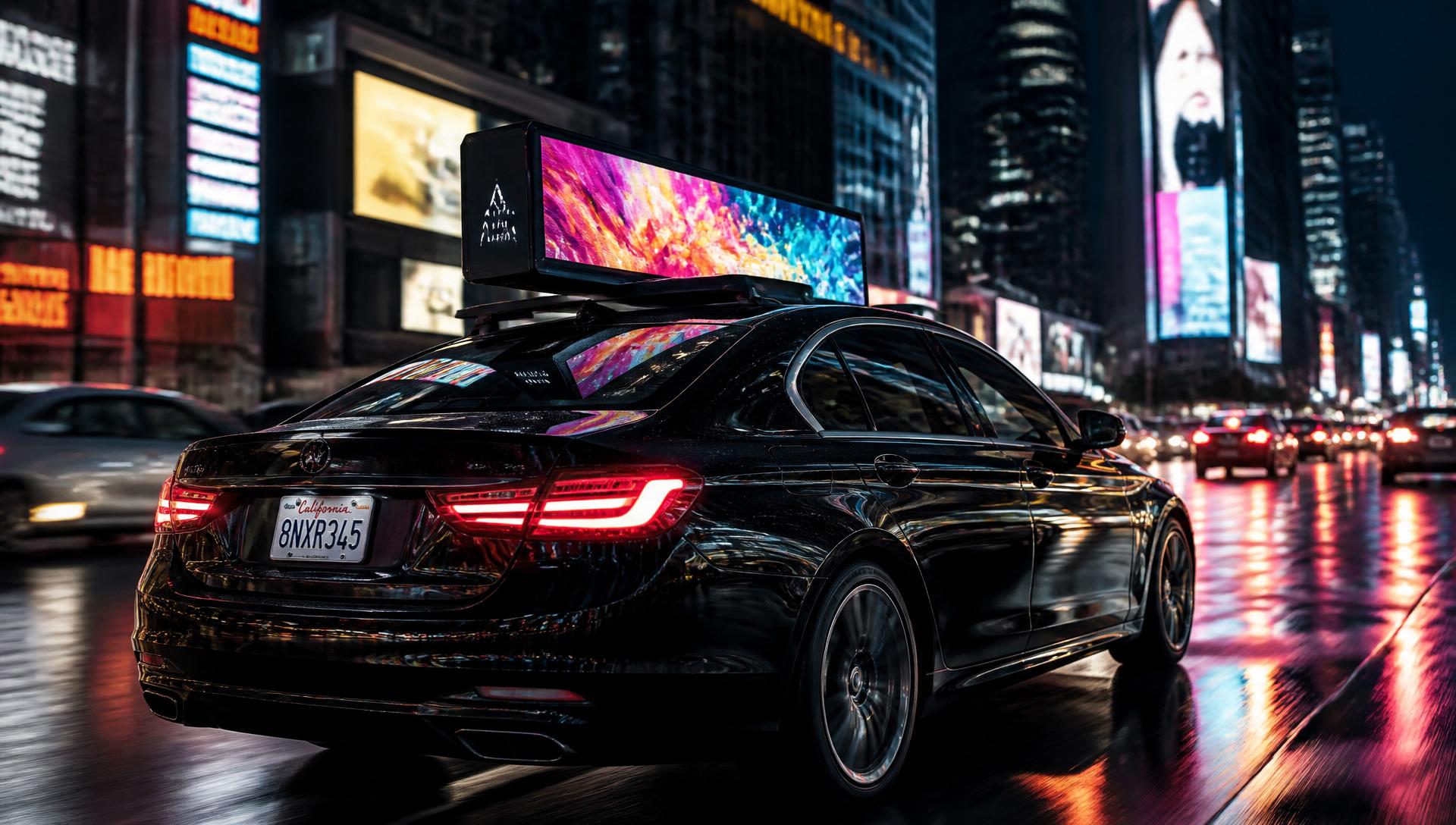 Luxury sedan with glowing Untsmart digital rooftop billboard driving through neon city